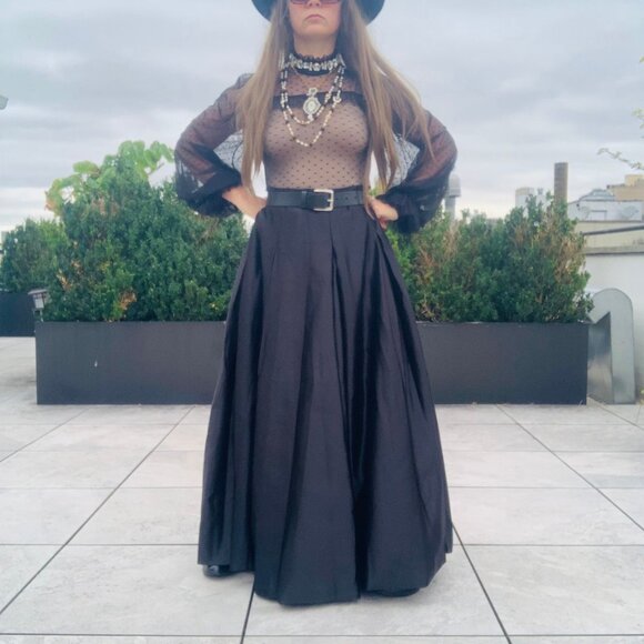 Anthro Full Satin Skater Drama Black Tie Dress Up Maxi Flare Skirt Pockets NWOT - Picture 7 of 16